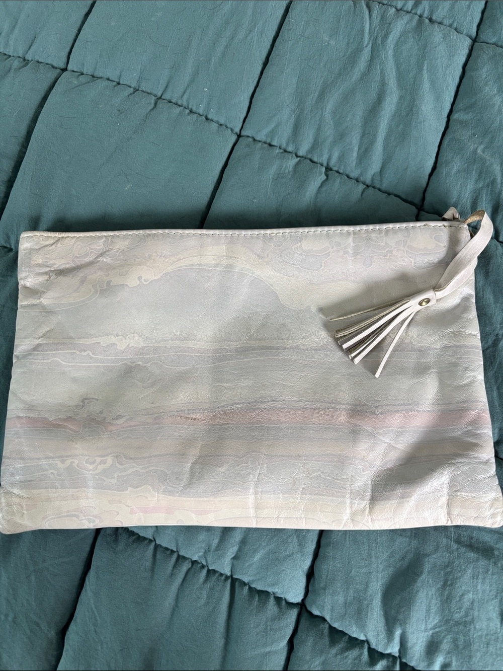 Neutral Marble-Print Tassel Clutch